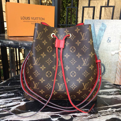 LV NeoNoe MM Bucket Bag Monogram Canvas Coquelicot Red For Women, Women’s Handbags, Shoulder And Crossbody Bags 10.2in/26cm LV M44021