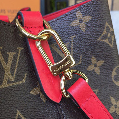 LV NeoNoe MM Bucket Bag Monogram Canvas Coquelicot Red For Women, Women’s Handbags, Shoulder And Crossbody Bags 10.2in/26cm LV M44021