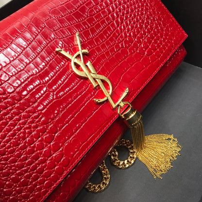 YSSL Kate Medium Chain Bag With Tassel In Embossed Crocodile Red For Women 9.4in/24cm YSL