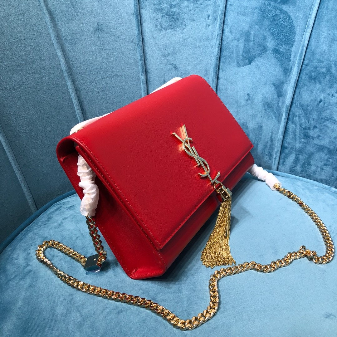 YSSL Kate Medium Chain Bag With Tassel In Grain De Poudre Red For Women 9.4in/24cm YSL