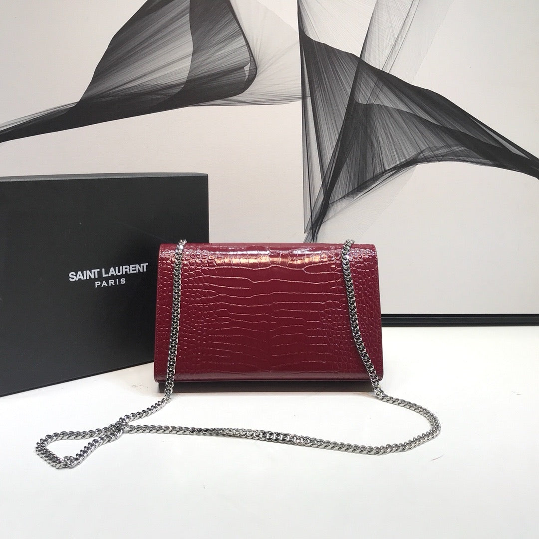 YSSL Kate Medium Chain Bag With Tassel In Embossed Crocodile Burgundy For Women 9.4in/24cm YSL