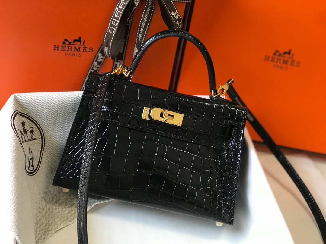 HM Mini Kelly 19 Black Crocodile Bag For Women, Handbags, Shoulder Bags 7.5in/19cm