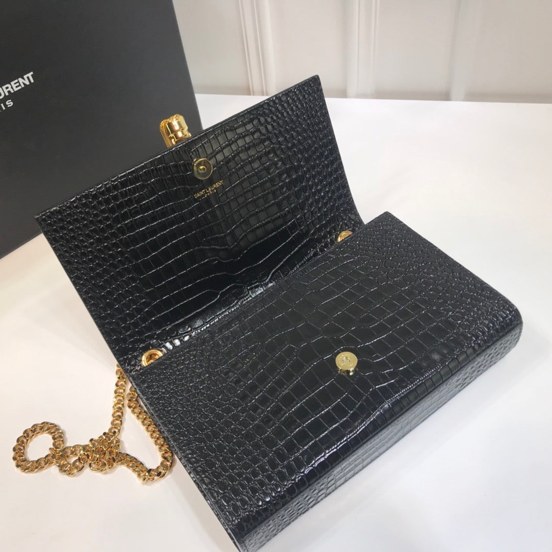 YSSL Kate Medium Chain Bag With Tassel In Embossed Crocodile Black For Women 9.4in/24cm YSL 354119DND0J1000