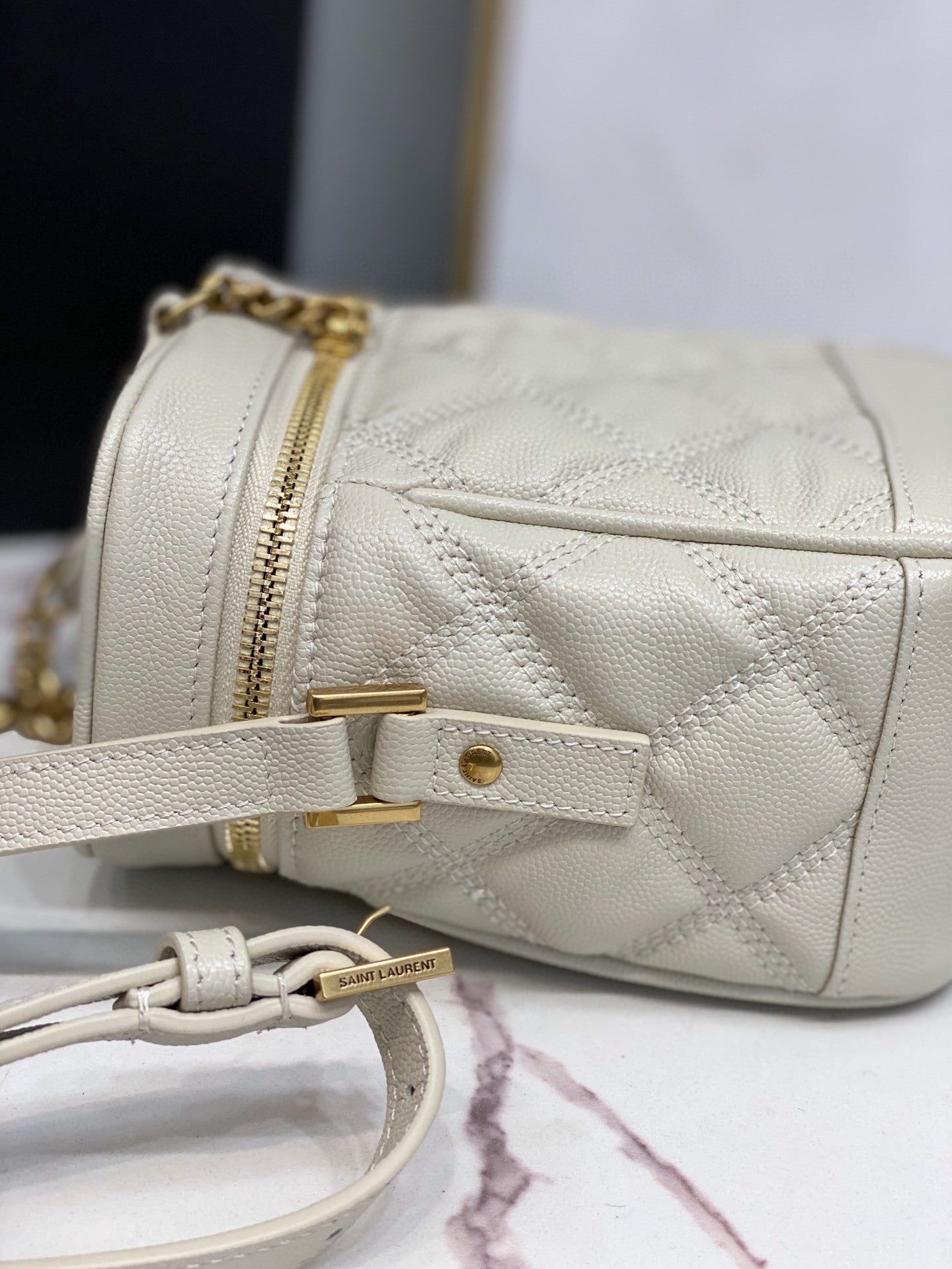 YSSL 80&#8217;s Vanity Bag In Carré-Quilted Grain De Poudre White For Women 6.4in/16.5cm YSL 649779DME279207