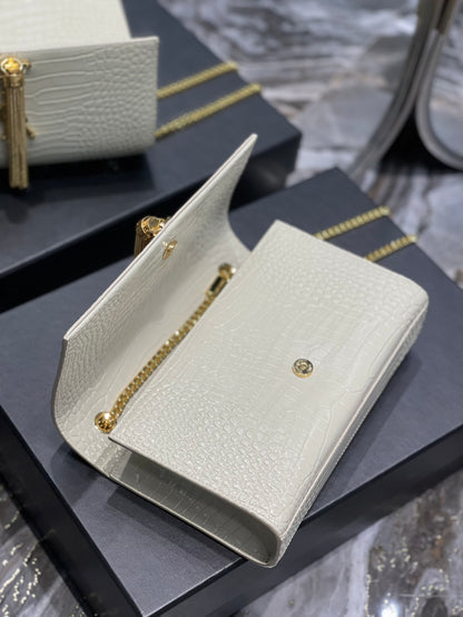 YSSL Kata Medium Chain Bag White Vintage With Tassel For Women 9.4in/24cm YSL 354119DND0J9207