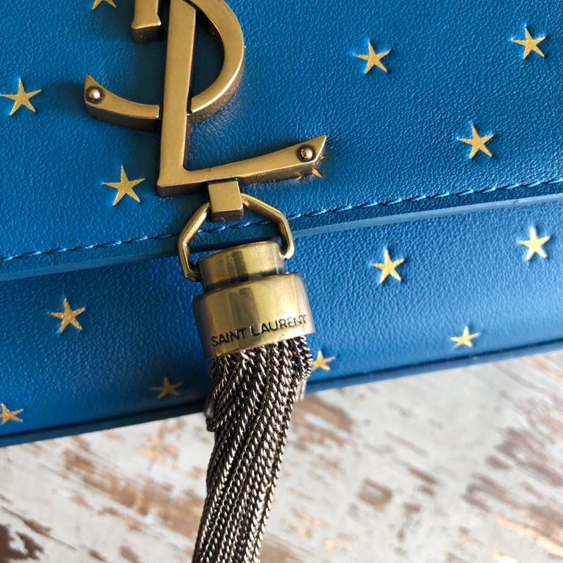 YSSL Kate Medium Chain Bag With Star Pattern Blue For Women 9.4in/24cm YSL