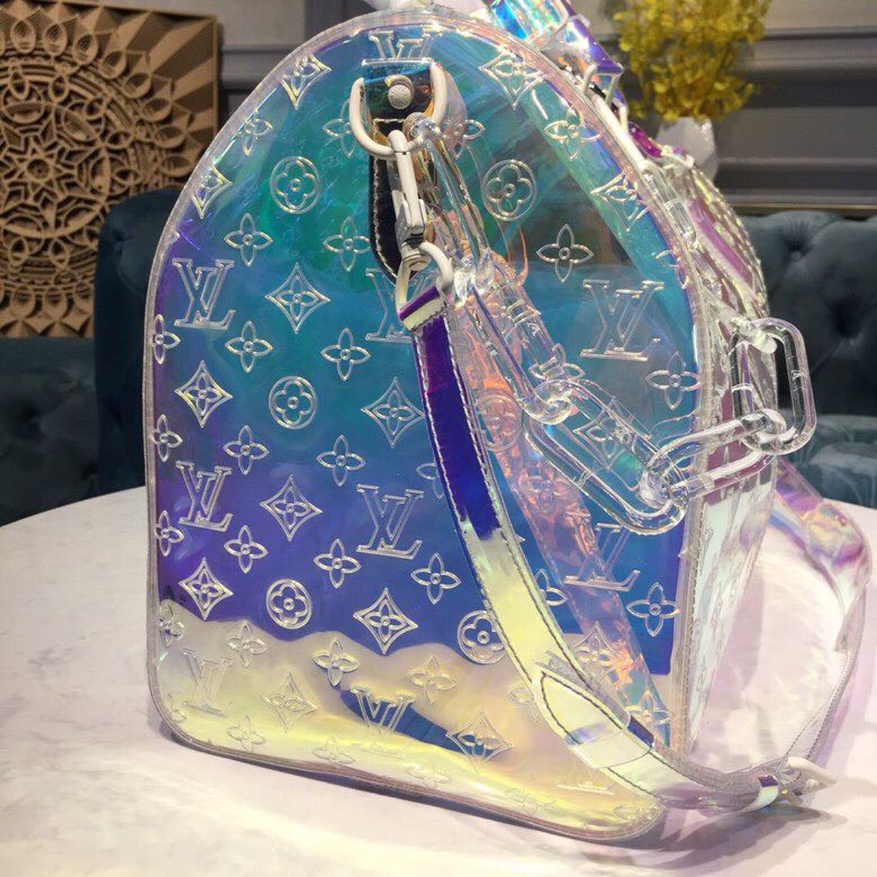 LV Keepall Bandouliere 50 Monogram PVC Iridescent Prism By Virgil Abloh For Men, Bags, Travel Bags 19.7in/50cm LV M53271