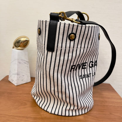 YSSL Rive Gauche Bucket Bag In Striped Canvas For Women 11.8in/30cm Black And White YSL 669299FAAE59583