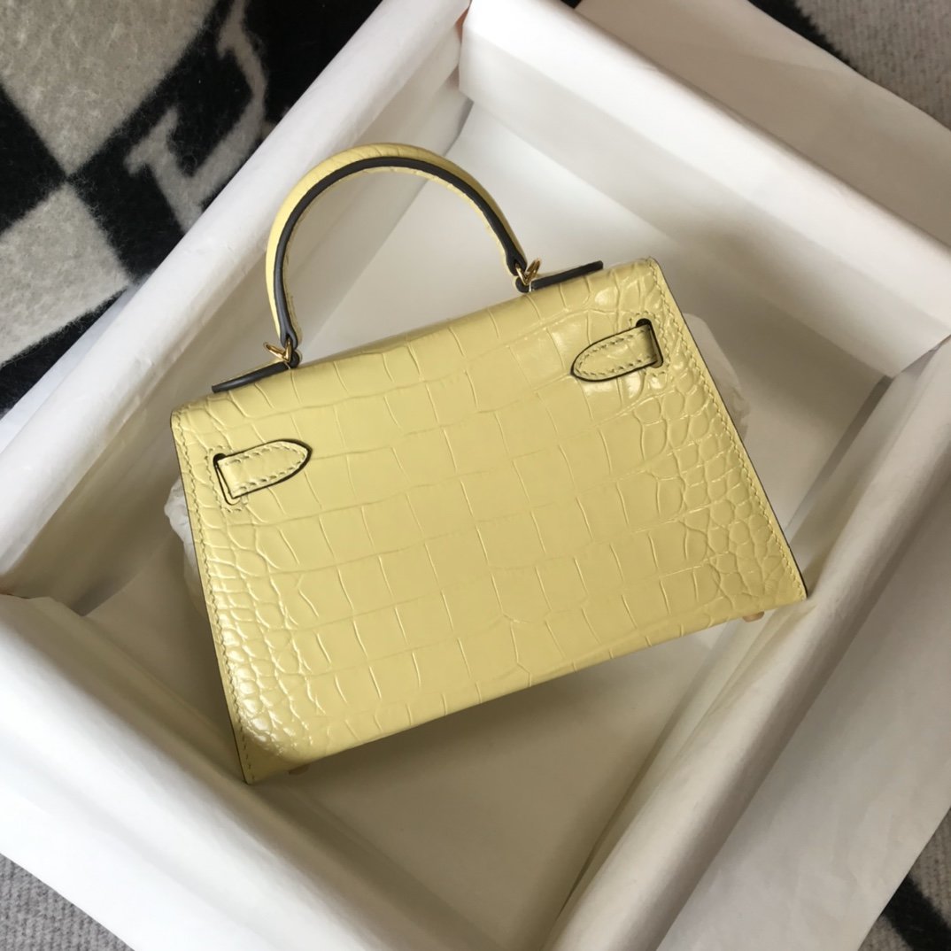 HM Mini Kelly 19 Embossed Patent Matte Yellow Bag With Gold-Toned Harware For Women, Handbags, Shoulder Bags 7.5in/19cm