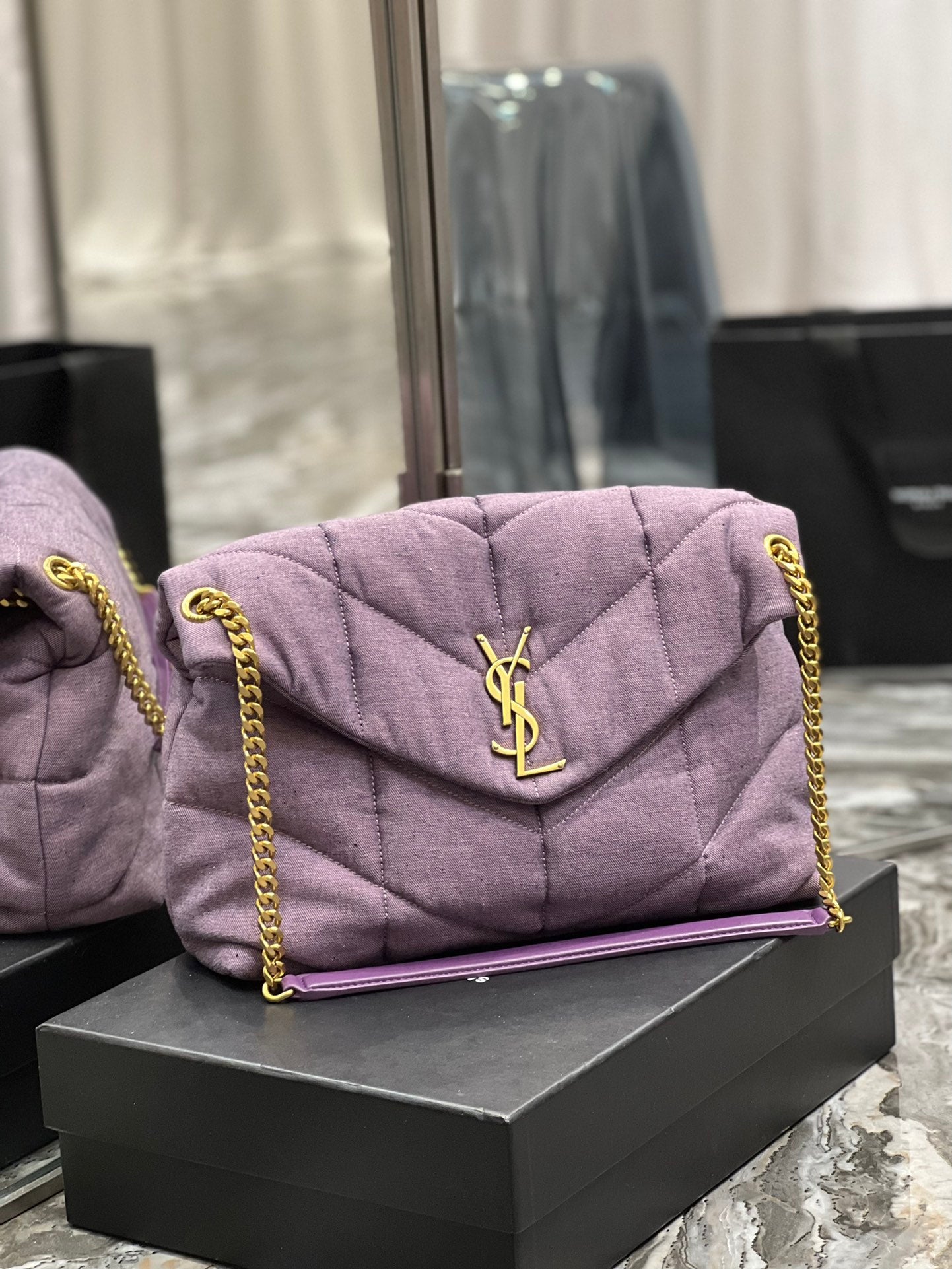 YSSL Puffer Medium Chain Bag Blesched Lilac In Denim For Women 13.8in/35cm YSL