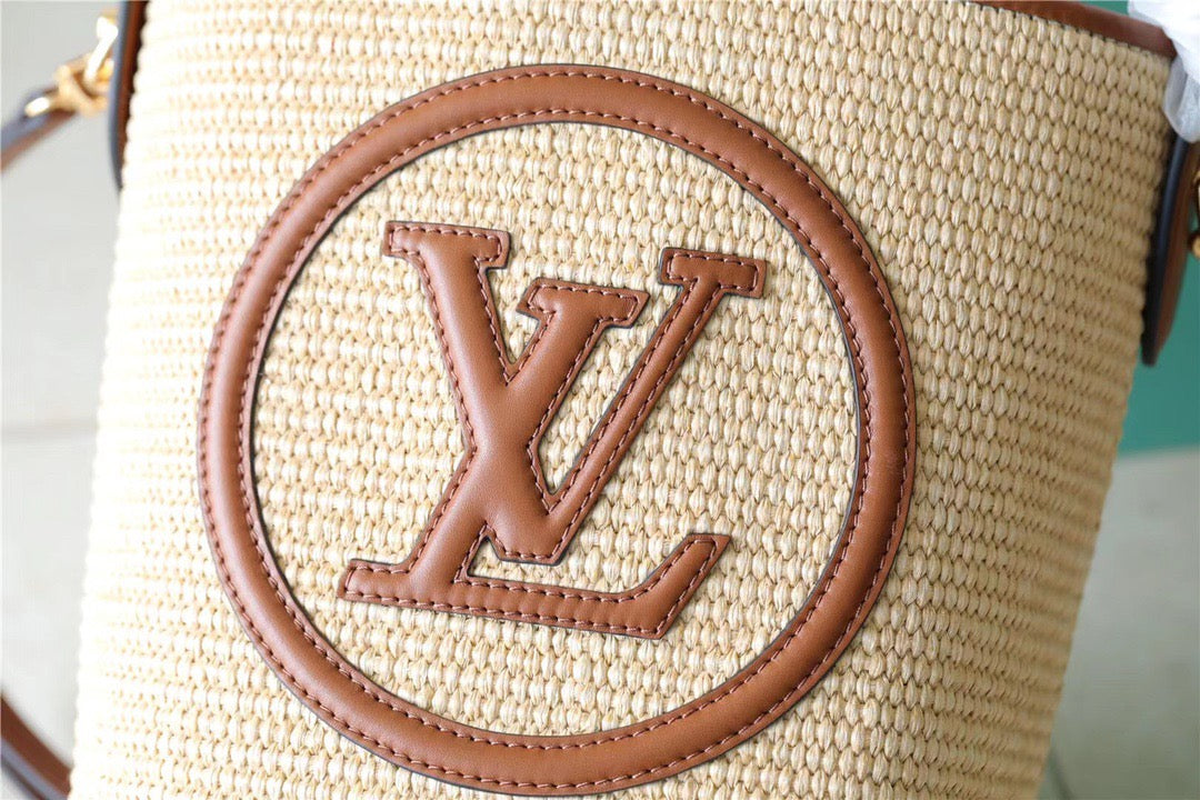 LV Petit Bucket Raffia Caramel Brown For Women, Women’s Bags, Shoulder And Crossbody Bags 9.4in/24cm LV M59961