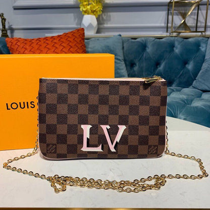 LV Pochette Double Zip Damier Ebene Canvas Rose Ballerine Pink For Women, Women’s Bags, Shoulder And Crossbody Bags 7.9in/21cm LV N60254