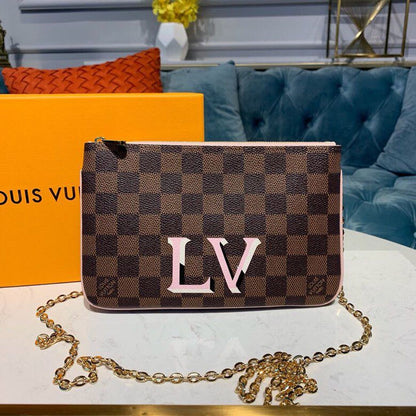 LV Pochette Double Zip Damier Ebene Canvas Rose Ballerine Pink For Women, Women’s Bags, Shoulder And Crossbody Bags 7.9in/21cm LV N60254