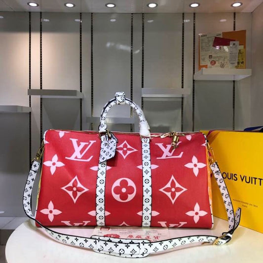 LV Keepall Bandouliere 50 Monogram and Monogram Reverse Canvas Red For Women, Women’s Handbags, Travel Bags 19.7in/50cm LV