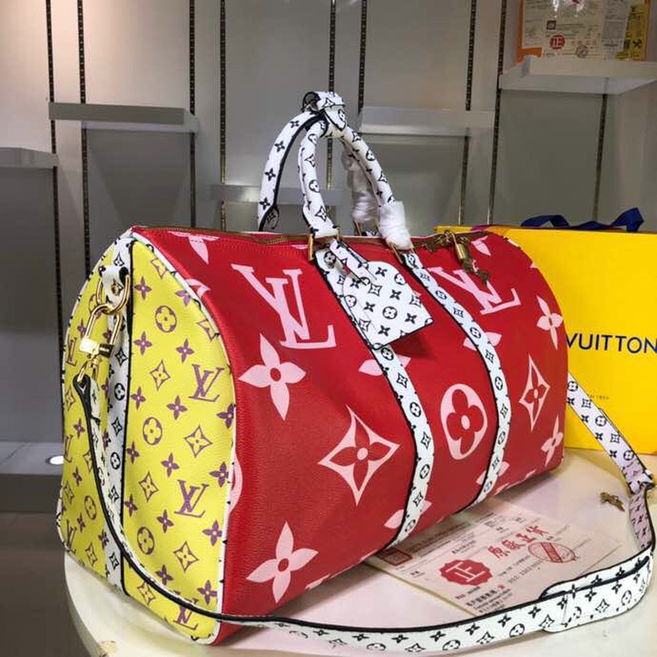 LV Keepall Bandouliere 50 Monogram and Monogram Reverse Canvas Red For Women, Women’s Handbags, Travel Bags 19.7in/50cm LV