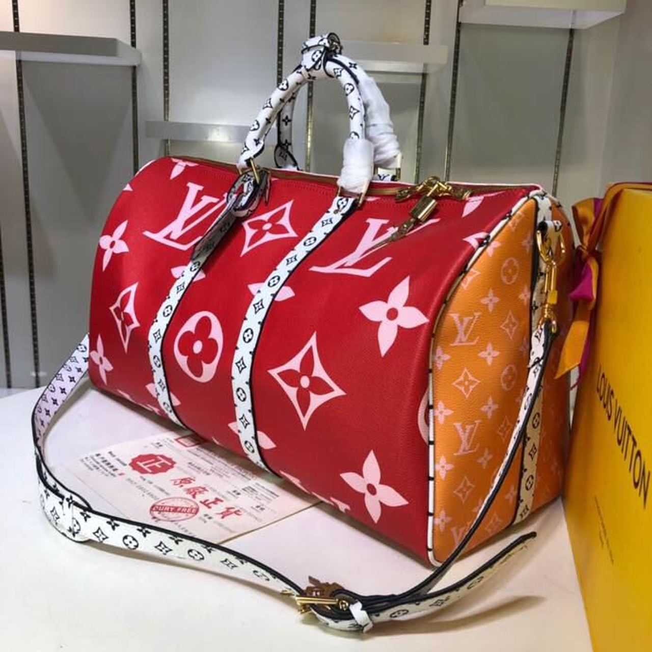 LV Keepall Bandouliere 50 Monogram and Monogram Reverse Canvas Red For Women, Women’s Handbags, Travel Bags 19.7in/50cm LV