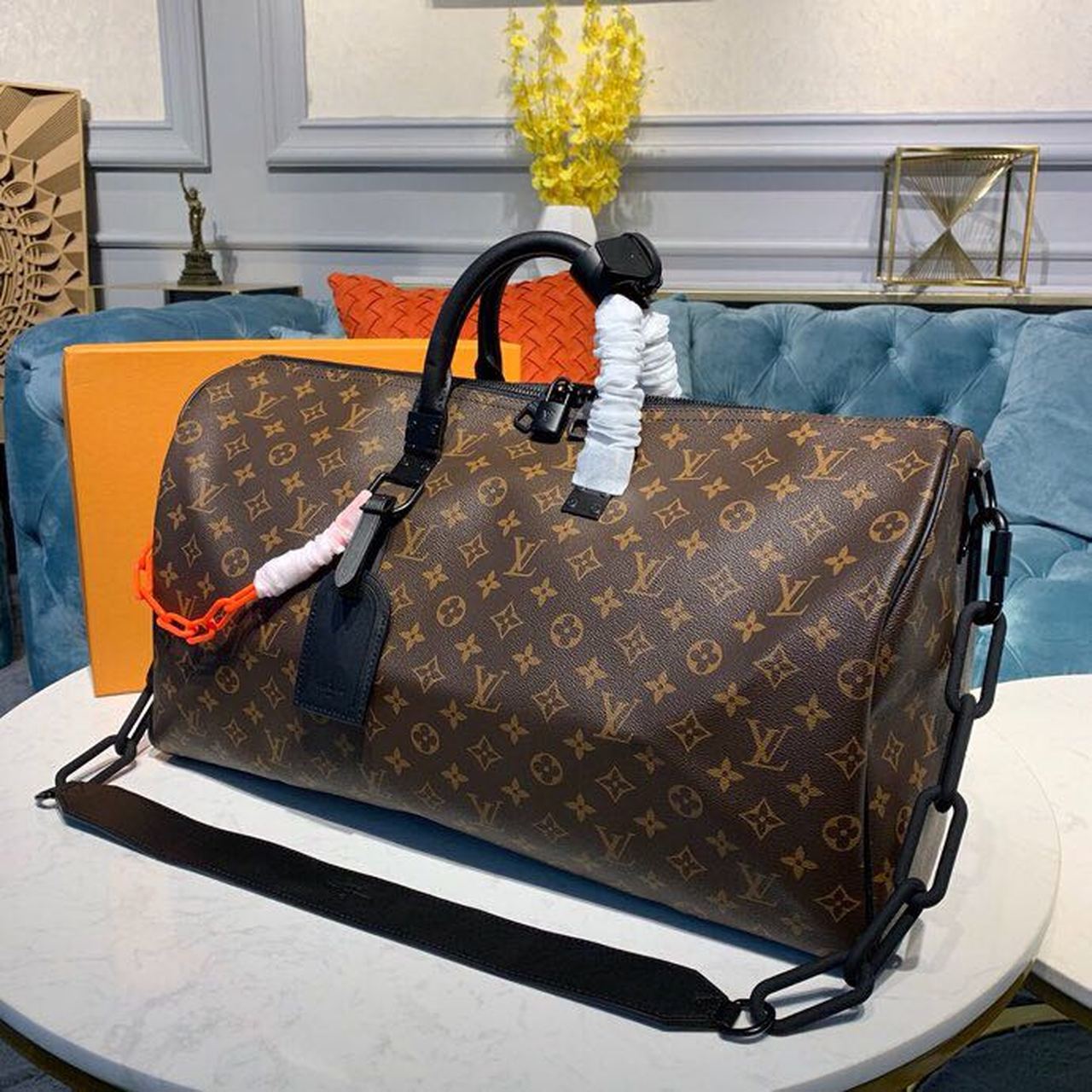 LV Keepall Bandouliere 50 Monogram Solar Ray Canvas Black/Orange By Virgil Abloh For Men, Bags, Travel Bags 19.7in/50cm LV M44471