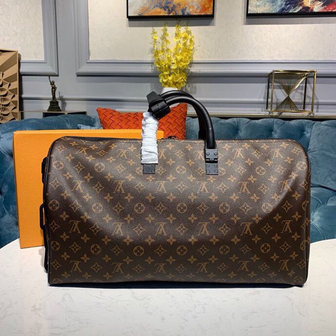 LV Keepall Bandouliere 50 Monogram Solar Ray Canvas Black/Orange By Virgil Abloh For Men, Bags, Travel Bags 19.7in/50cm LV M44471