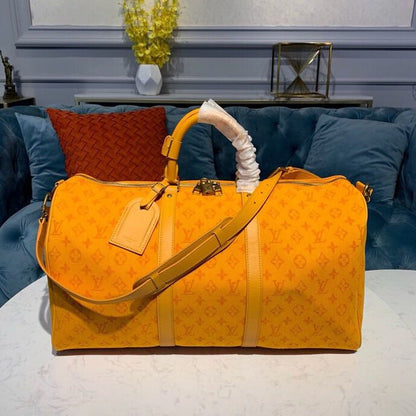 LV Keepall Bandouliere 50 Monogram Denim Ochre Yellow For Men, Men’s Bags, Travel Bags 19.7in/50cm LV M44644