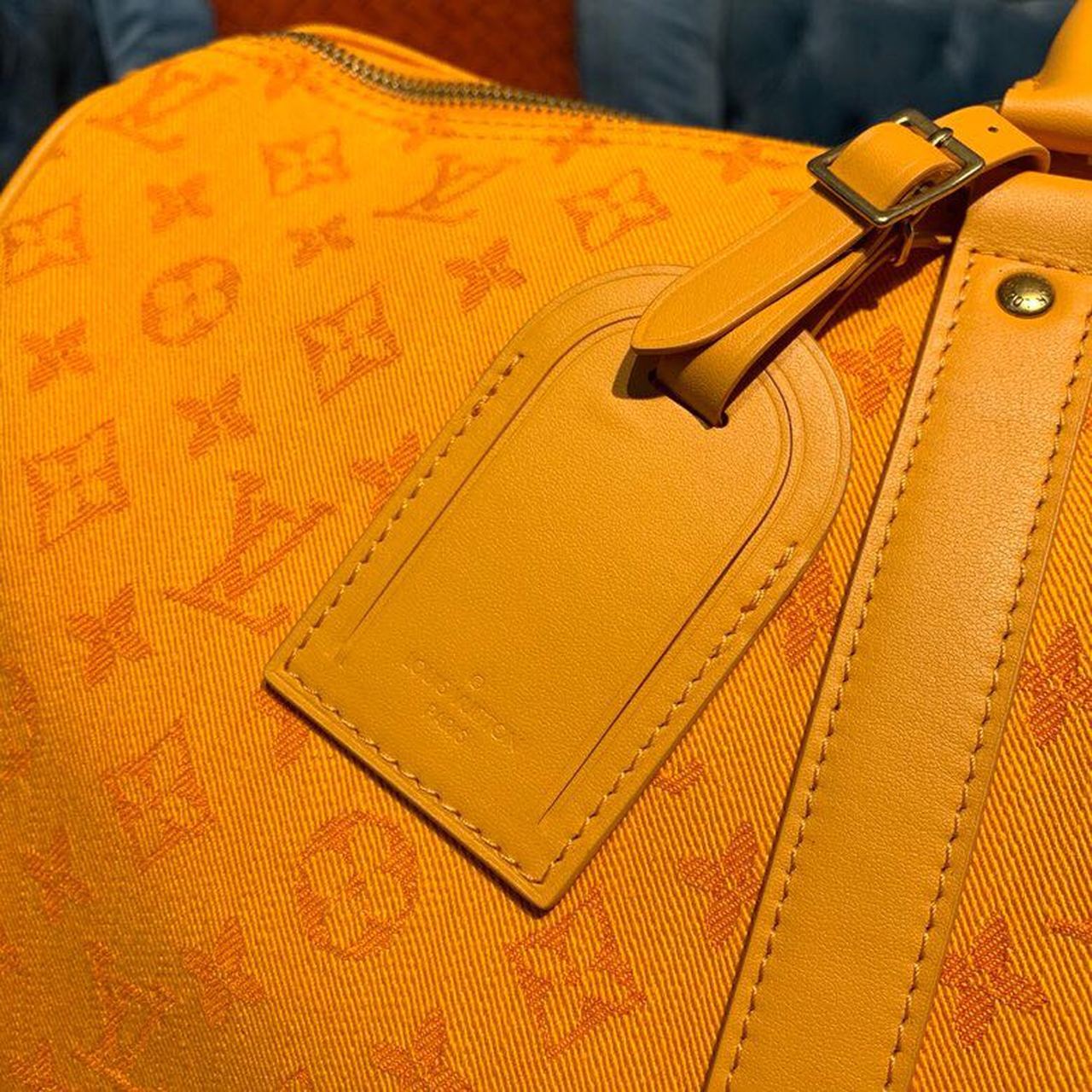 LV Keepall Bandouliere 50 Monogram Denim Ochre Yellow For Men, Men’s Bags, Travel Bags 19.7in/50cm LV M44644