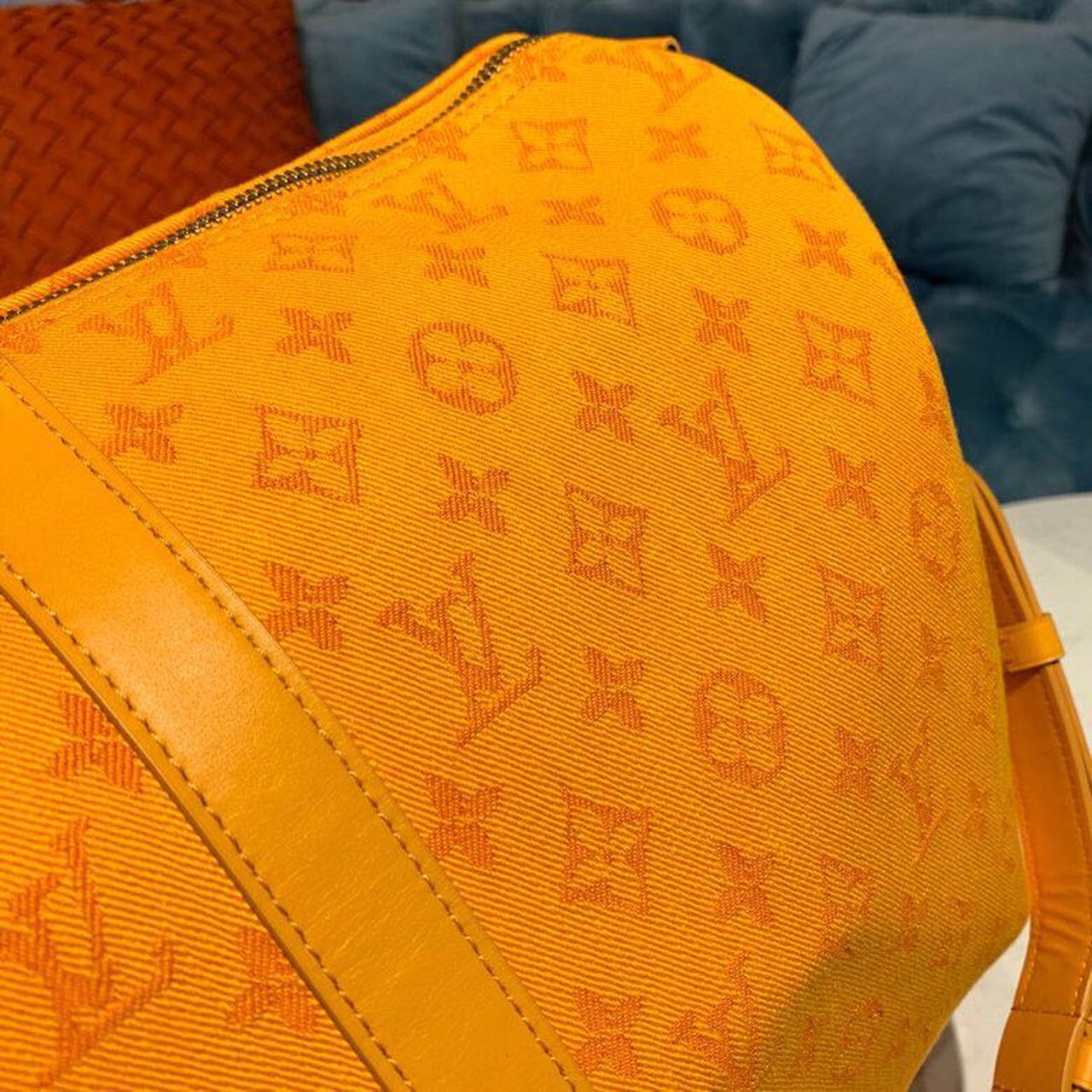 LV Keepall Bandouliere 50 Monogram Denim Ochre Yellow For Men, Men’s Bags, Travel Bags 19.7in/50cm LV M44644