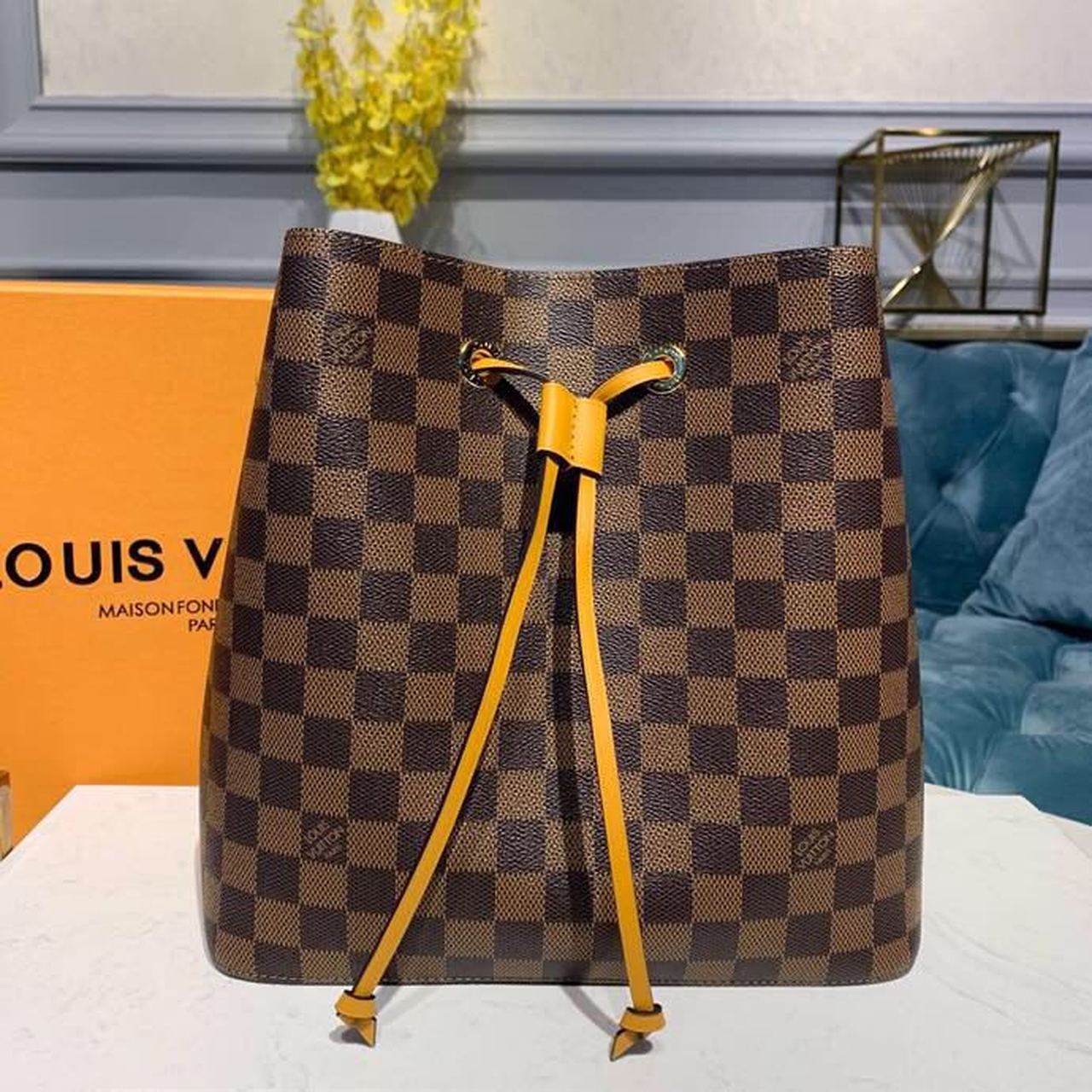 LV Néo Noé BB Bucket Bag 26cm Damier Ebene Canvas Spring/Summer Collection N40213, Safran