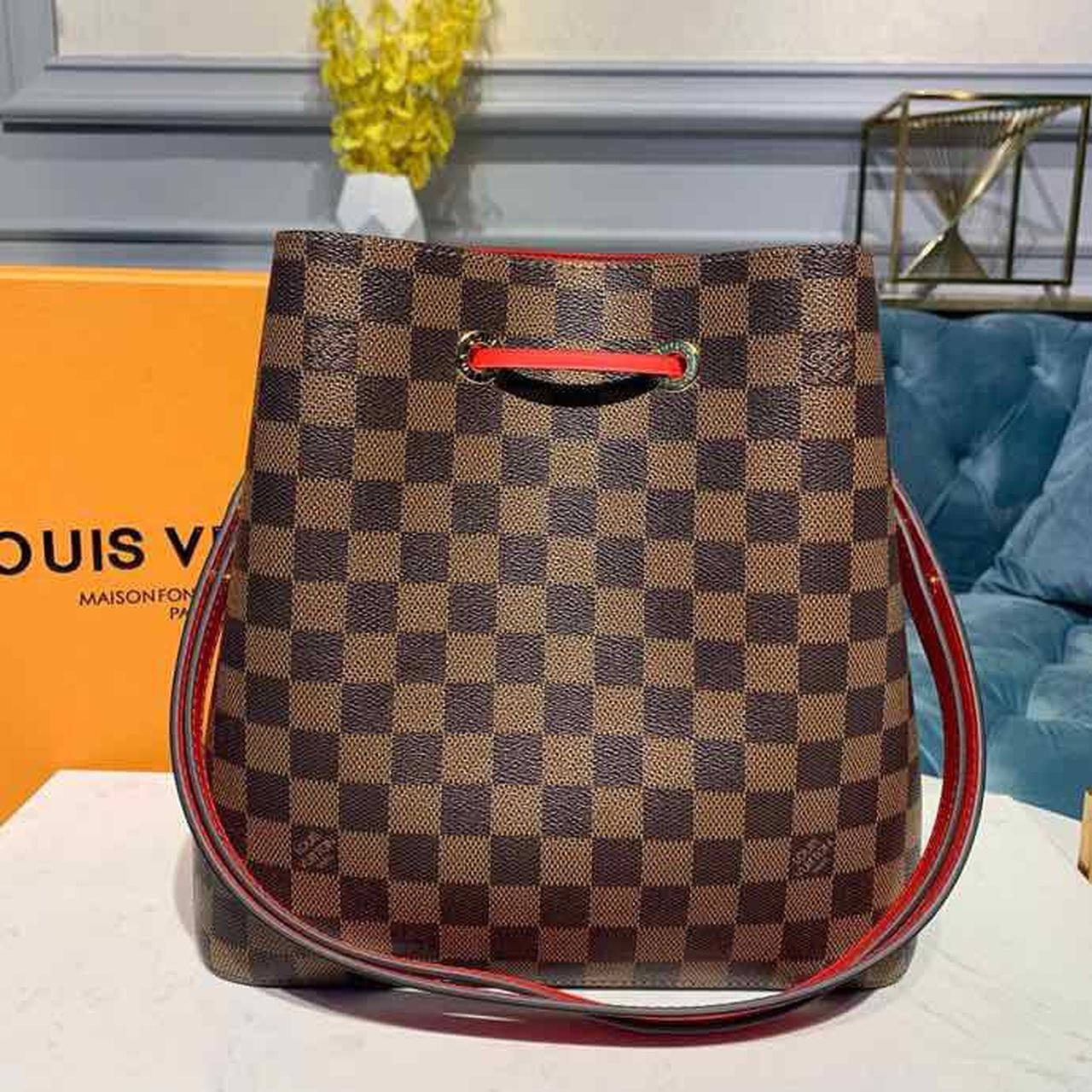 LV Neo Noe BB Bucket Bag 26cm Damier Ebene Canvas Spring/Summer Collection N40214, Cherry Berry