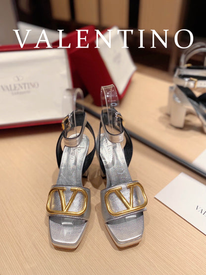 Valentino Garavani Strap Heeled Sandals With V Logo Signature Embellishment Silver For Women