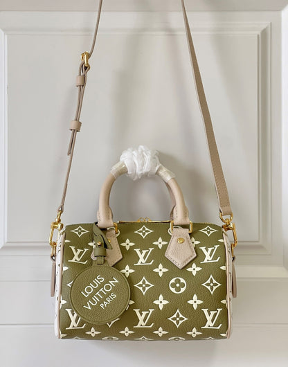 LV Speedy Bandoulière 20 Monogram Empreinte Khaki Green/Beige/Cream For Women, WoHandbags 8.1in/21cm LV M46118