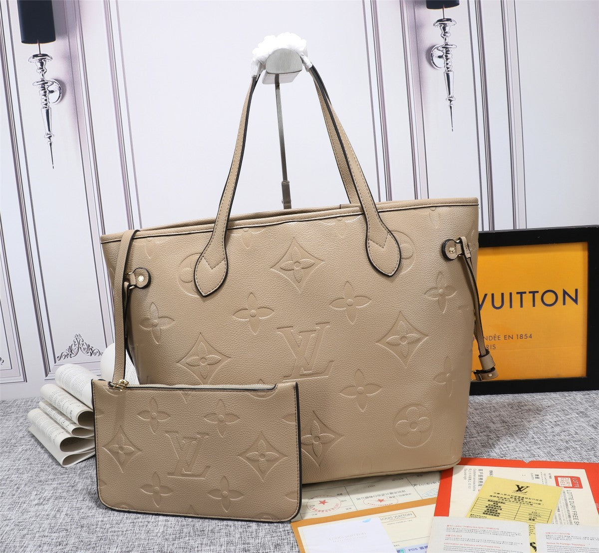 LV Neverfull MM Tote Bag Monogram Empreinte Tourterelle Gray For Women,  Shoulder Bags 12.2in/31cm LV M45686