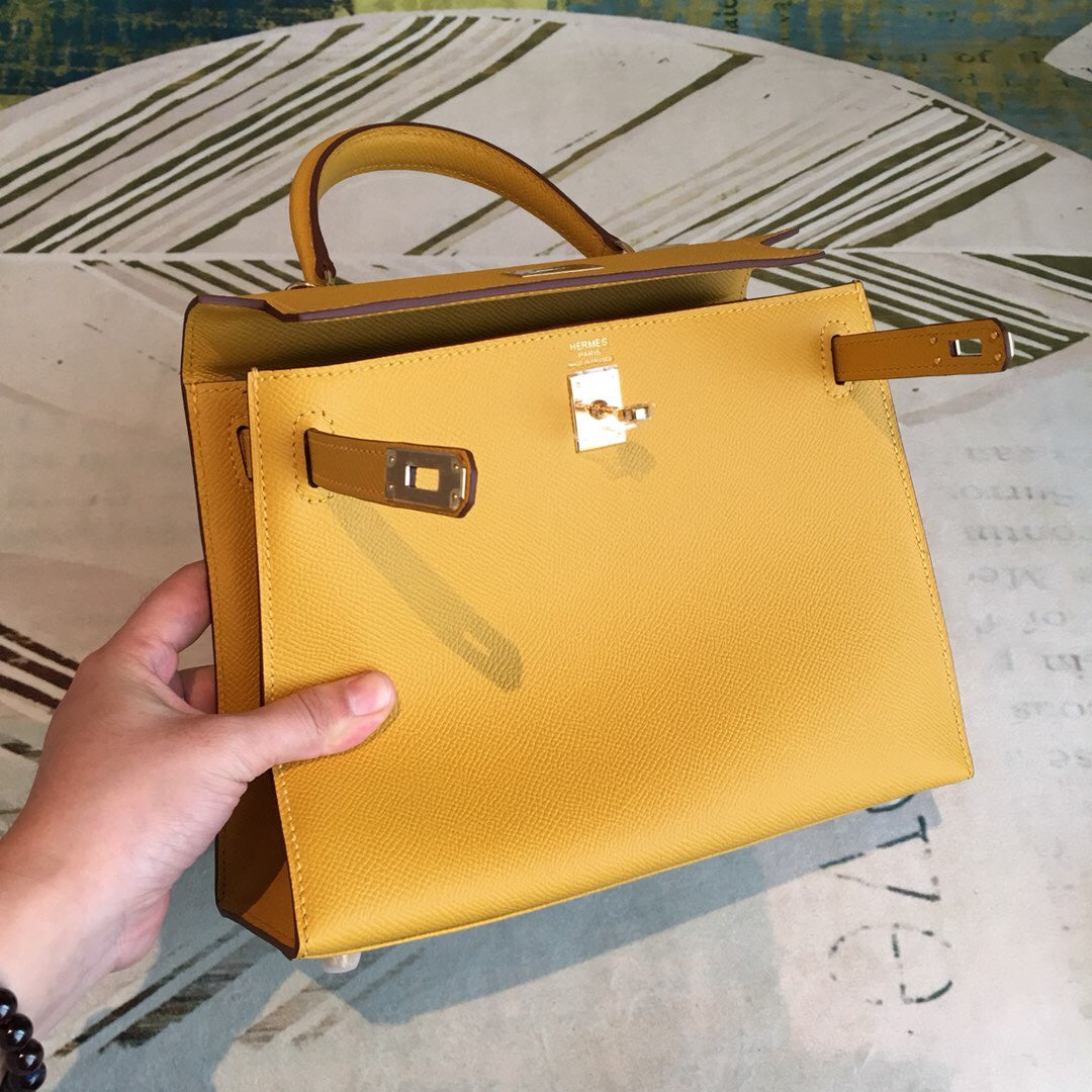 HM Kelly 28 Yellow Bag With Gold Toned Harware For Women, Handbags, Shoulder Bags 11in/28cm