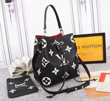 LV NeoNoe MM Bucket Bag Monogram Flowers Black/White For Women,  Shoulder And Crossbody Bags 10.2in/26cm LV M45497