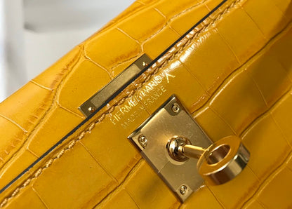 HM Mini Kelly 19 Embossed Patent Yellow Bag With Gold-Toned Harware For Women, Handbags, Shoulder Bags 7.5in/19cm