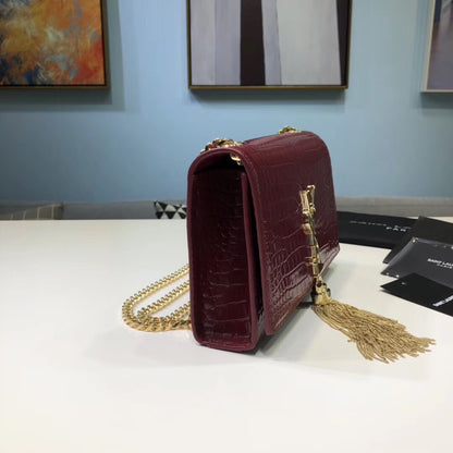 YSSL Kate Small Chain Bag With Tassel In Embossed Burgundy For Women 7.8in/20cm YSL 