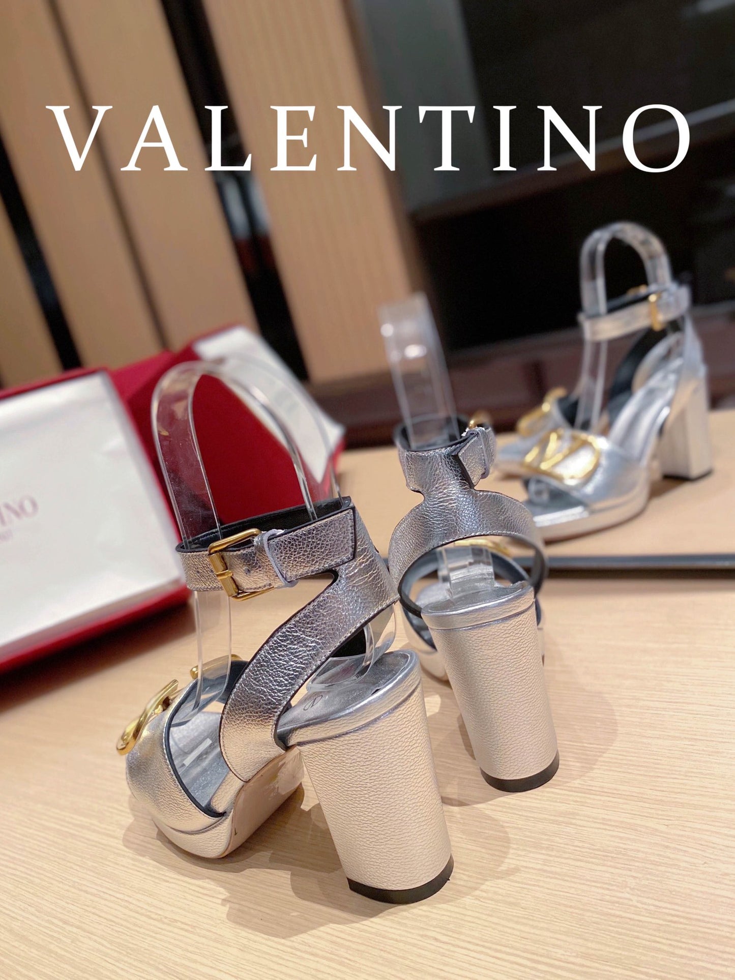 Valentino Garavani Strap Heeled Sandals With V Logo Crystal Embellishment Silver For Women