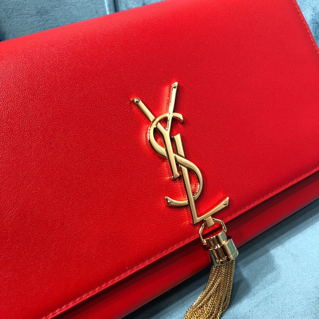 YSSL Kate Medium Chain Bag With Tassel In Grain De Poudre Red For Women 9.4in/24cm YSL