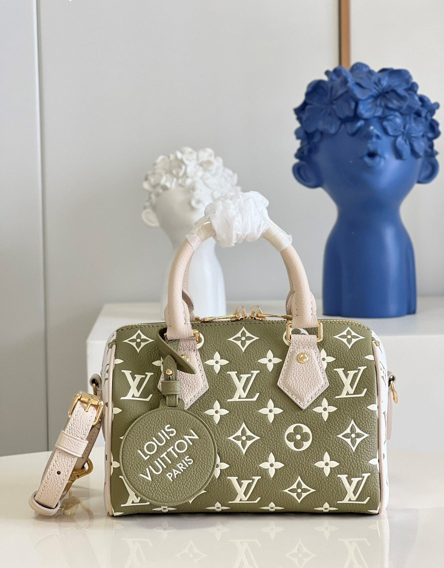 LV Speedy Bandoulière 20 Monogram Empreinte Khaki Green/Beige/Cream For Women, WoHandbags 8.1in/21cm LV M46118