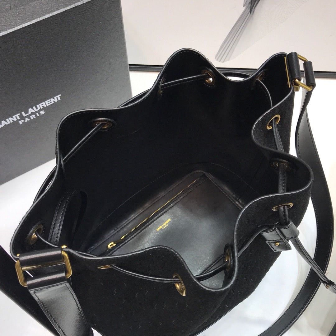 YSSL All-Over Monogram Bucket Bag Black For Women 10.5in/27cm YSL 