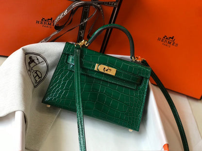 HM Mini Kelly 19 Green Crocodile Bag For Women, Handbags, Shoulder Bags 7.5in/19cm