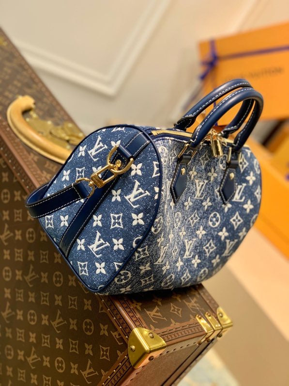 LV Speedy Bandouliere 25 Monogram Denim Jacquard Navy Blue For Women, WoHandbags 9.8in/25cm LV M59609