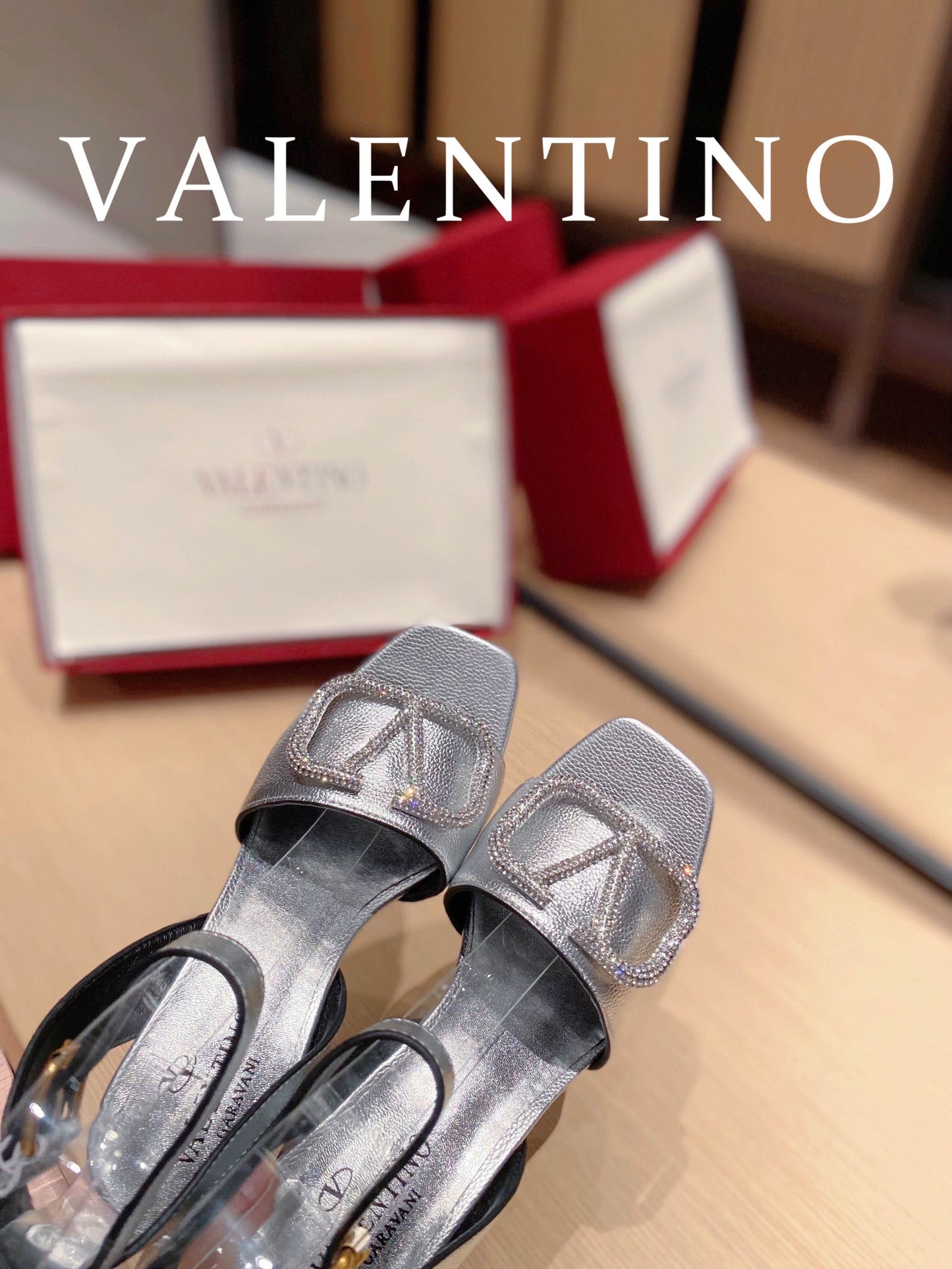 Valentino Garavani Strap Heeled Sandals With V Logo Crystal Embellishment Silver For Women