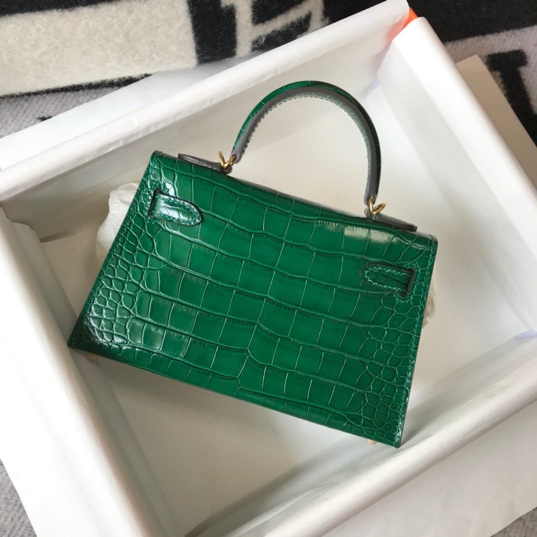 HM Mini Kelly 19 Green Crocodile Bag For Women, Handbags, Shoulder Bag 7.5in/19cm