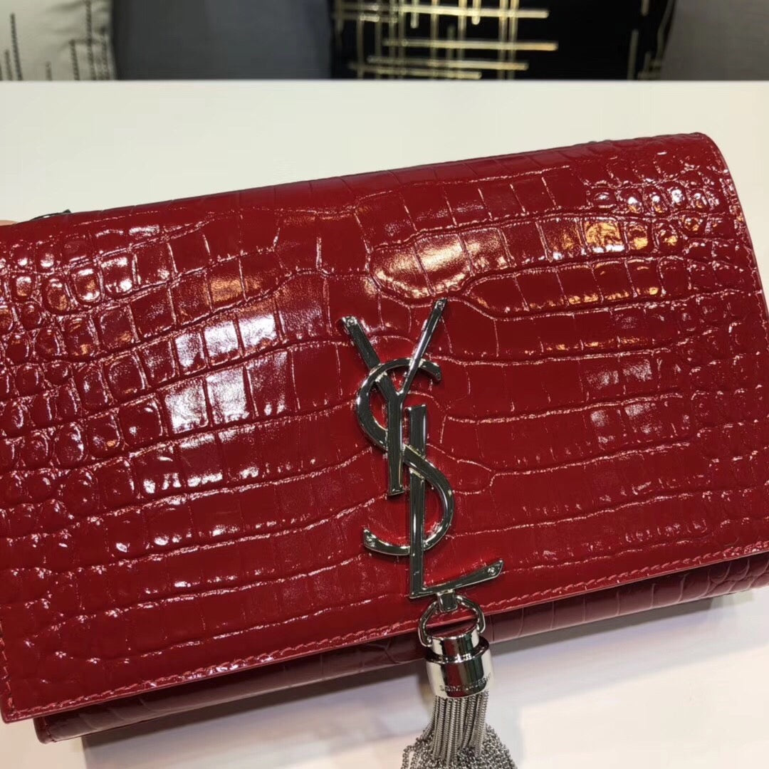 YSSL Kate Small Chain Bag With Tassel In Embossed Burgundy For Women 7.8in/20cm YSL 