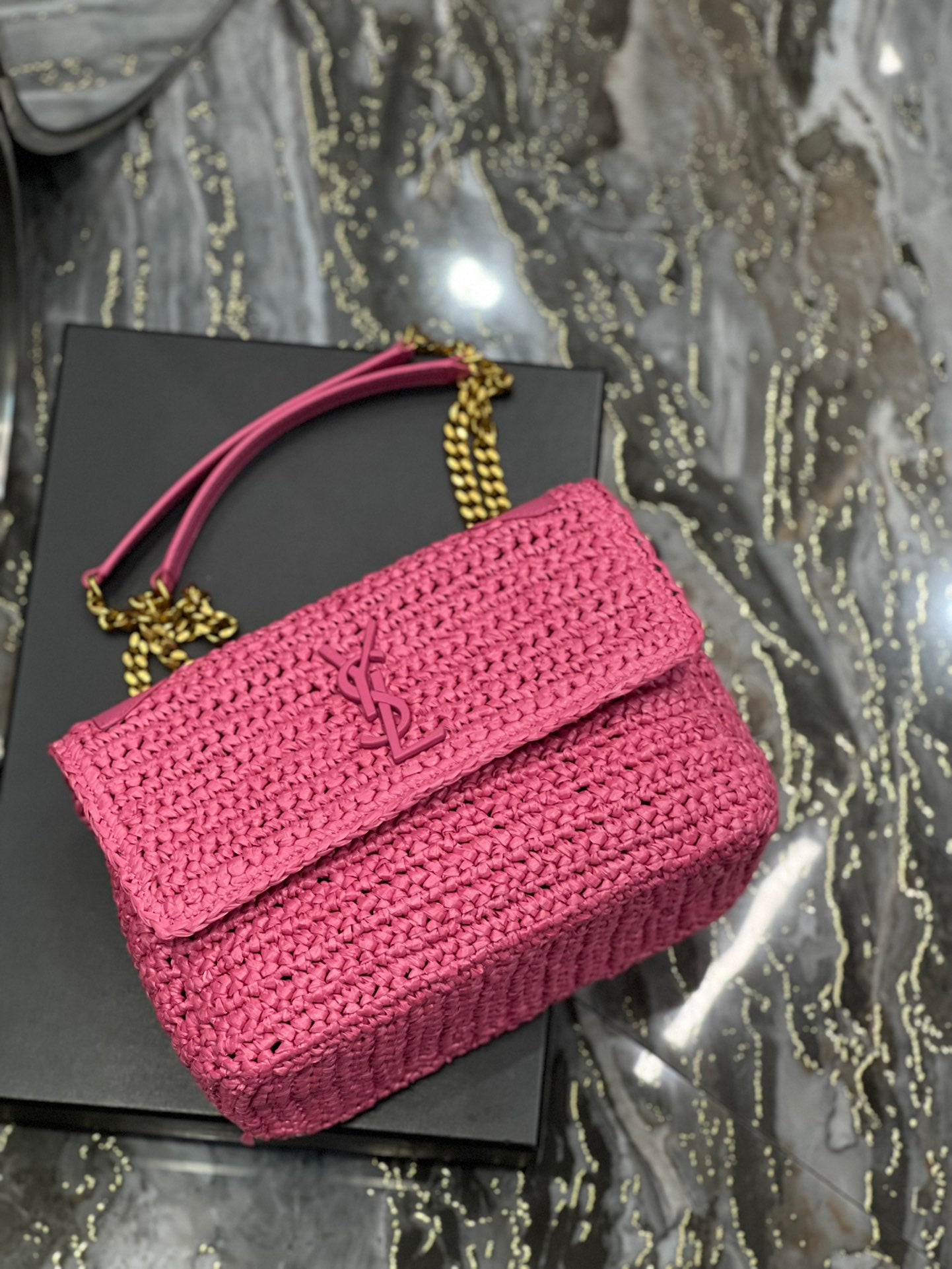 YSSL Niki Medium Chain Bag In Rafia For Women 11in/28cm Pink YSL