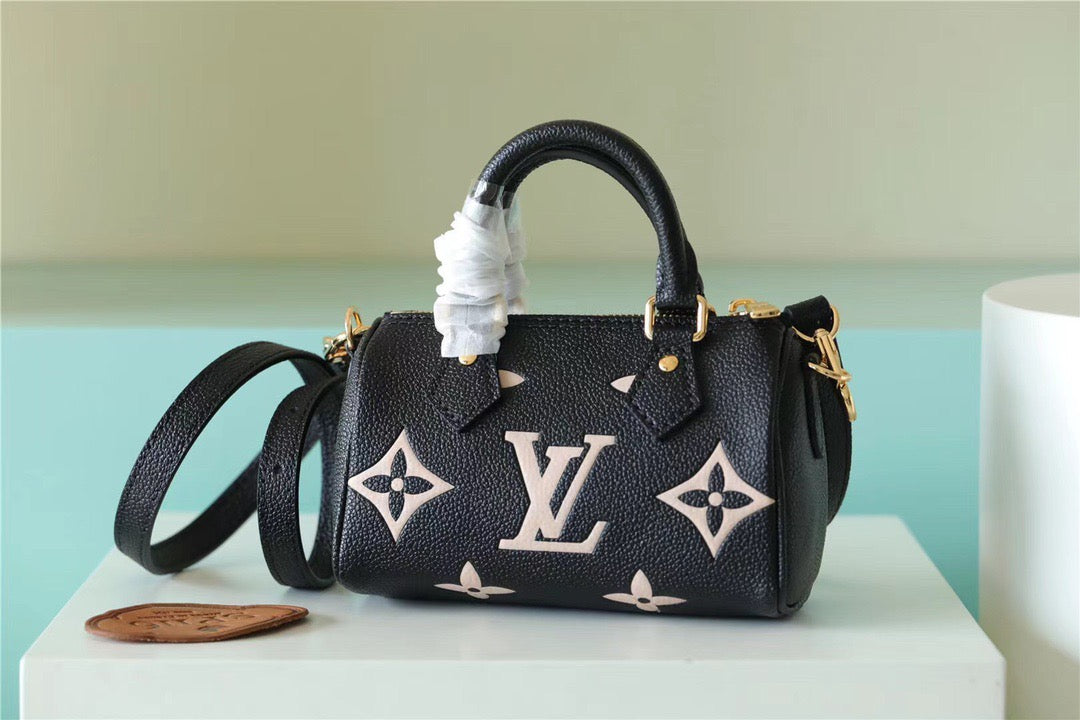 LV Nano Speedy Monogram Empreinte Arizona Beige/ Creme Beige For Women, Women’s Bags, Shoulder And Crossbody Bags 6.3in/16cm LV