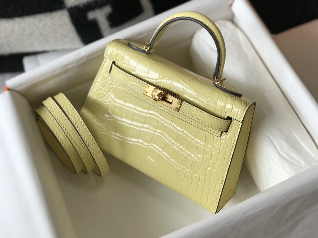 HM Mini Kelly 19 Embossed Patent Matte Yellow Bag With Gold-Toned Harware For Women, Handbags, Shoulder Bags 7.5in/19cm