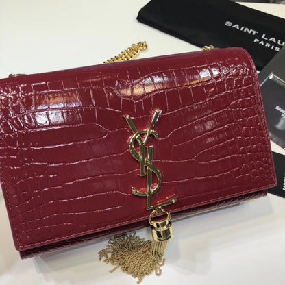 YSSL Kate Small Chain Bag With Tassel In Embossed Burgundy For Women 7.8in/20cm YSL 