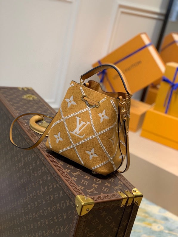 LV NeoNoe MM Bucket Bag Monogram Empreinte Arizona Brown For Women, Women’s Handbags, Shoulder Bags 10.2in/26cm LV M46029