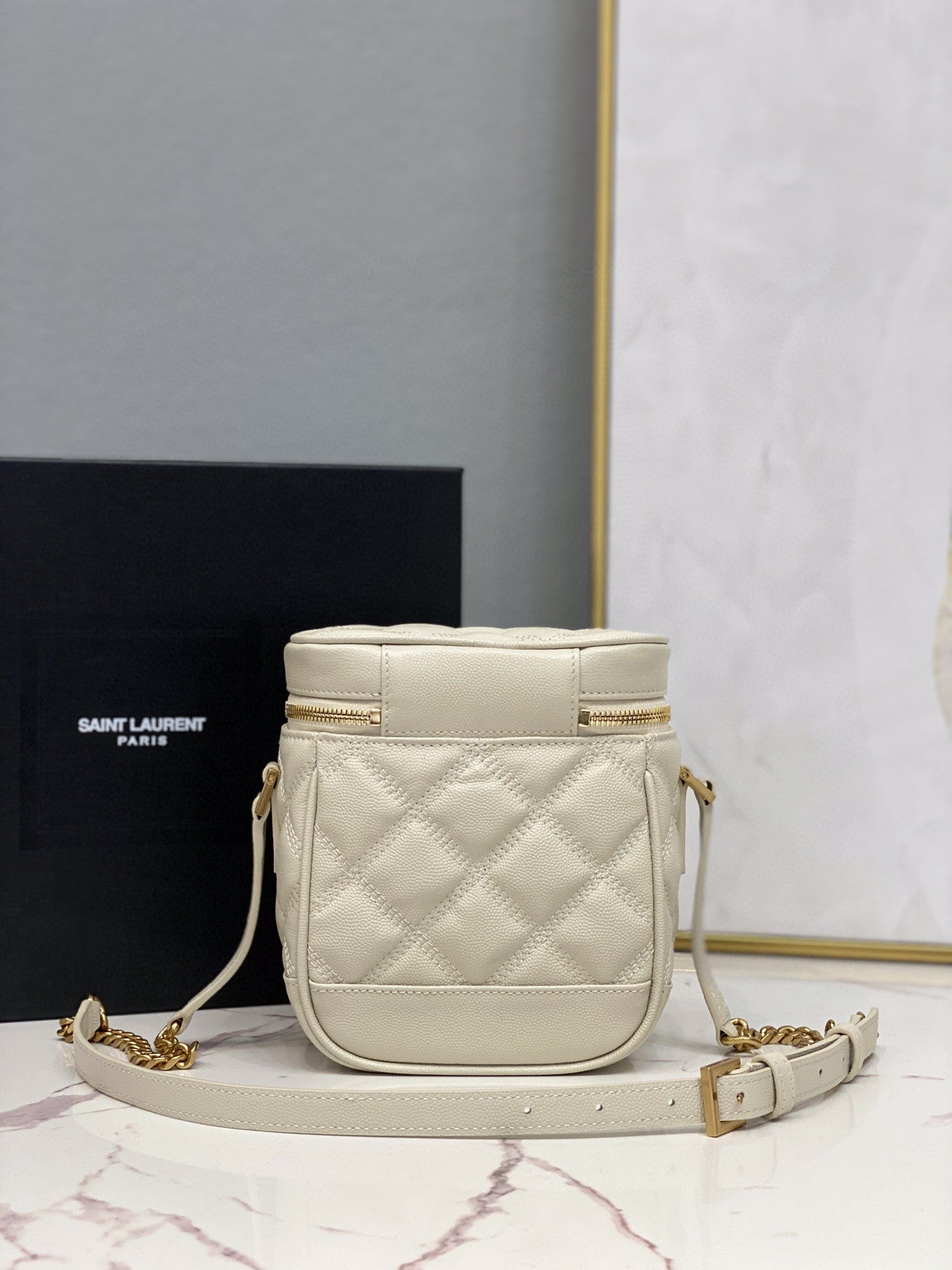 YSSL 80&#8217;s Vanity Bag In Carré-Quilted Grain De Poudre White For Women 6.4in/16.5cm YSL 649779DME279207