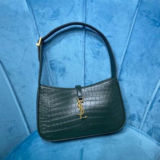 YSSL Le 5 À 7 Hobo Bag In Crocodile Embossed Shiny Dark Green For Women 9in/23cm YSL 657228DZE0W3045